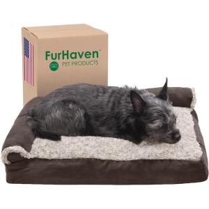 Furhaven Pillow Dog Bed for Medium/Small Dogs w/ Removable Bolsters & Washable Cover – Two-Tone Plush Faux Fur & Suede L Shaped Chaise – Dark Sage, Medium(Espresso)