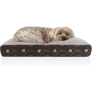Furhaven Pillow Dog Bed for Medium/Small Dogs w/ Removable Washable Cover – Ultra Plush Faux Fur & Suede Mattress – Cream, Medium(Paw Print Dark Espresso)