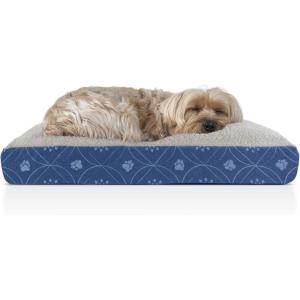 Furhaven Pillow Dog Bed for Medium/Small Dogs w/ Removable Washable Cover – Ultra Plush Faux Fur & Suede Mattress – Cream, Medium(Paw Print Twilight Blue)