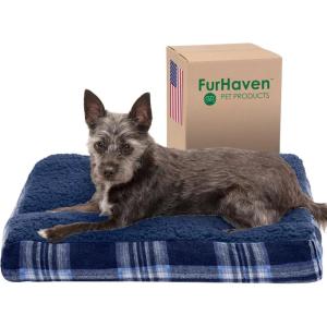 Furhaven Pillow Dog Bed for Medium/Small Dogs w/ Removable Washable Cover – Ultra Plush Faux Fur & Suede Mattress – Cream, Medium(Plaid Midnight Blue)