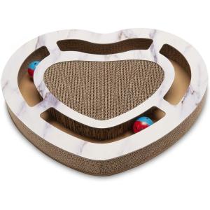 Furhaven Scratching Pad Ball Track Cat Toy w/ Catnip for Indoor Cats – Heart-Shaped Busy Box Scratcher – White Marble, One Size(Heart)