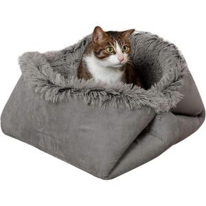 Furhaven Self-Warming Cat Bed for Indoor Cats, 4-Beds-in-1 & Washable – Plush Long Faux Fur Convertible Cuddler – Gray, Large, 35.5″L x 30.0″W x 0.5″Th