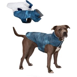Furhaven Water-Repellent & Reversible Medium Dog Coat, Washable & Reflective w/ Leash Access, Pocket, & Carry-On Purse – Puffer Dog Jacket – Blue Watercolor, Medium