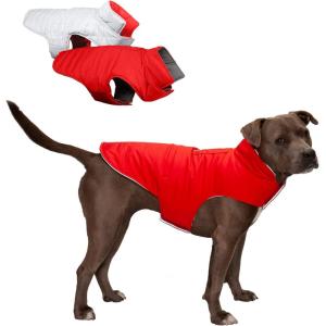 Furhaven Water-Repellent & Reversible Medium Dog Coat, Washable & Reflective w/ Leash Access, Pocket, & Carry-On Purse – Puffer Dog Jacket – Red, Medium