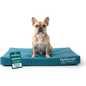 Furhaven Water-Resistant Cooling Gel Dog Bed for Medium/Small Dogs w/ Removable Washable Cover, For Dogs Up to 35 lbs – Indoor/Outdoor Logo Print Oxford Polycanvas Mattress – Stone Gray, Medium(Deep Lagoon)