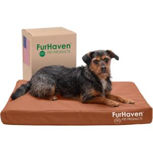 Furhaven Water-Resistant Cooling Gel Dog Bed for Medium/Small Dogs w/ Removable Washable Cover, For Dogs Up to 35 lbs – Indoor/Outdoor Logo Print Oxford Polycanvas Mattress – Chestnut, Medium