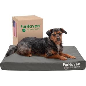 Furhaven Water-Resistant Cooling Gel Dog Bed for Medium/Small Dogs w/ Removable Washable Cover, For Dogs Up to 35 lbs – Indoor/Outdoor Logo Print Oxford Polycanvas Mattress – Stone Gray, Medium(Stone Gray)