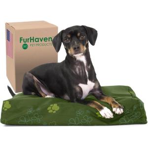 Furhaven Water-Resistant Orthopedic Dog Bed for Medium/Small Dogs w/ Removable Washable Cover, For Dogs Up to 35 lbs – Indoor/Outdoor Logo Print Oxford Polycanvas Mattress – Stone Gray, Medium(Water-Resistant Garden Print (Jungle Green))