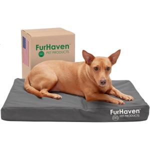 Furhaven Water-Resistant Orthopedic Dog Bed for Medium/Small Dogs w/ Removable Washable Cover, For Dogs Up to 35 lbs – Indoor/Outdoor Logo Print Oxford Polycanvas Mattress – Stone Gray, Medium(Water-Resistant Logo Print (Stone Gray))