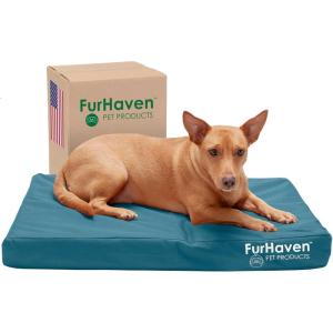 Furhaven Water-Resistant Orthopedic Dog Bed for Medium/Small Dogs w/ Removable Washable Cover, For Dogs Up to 35 lbs – Indoor/Outdoor Logo Print Oxford Polycanvas Mattress – Stone Gray, Medium(Water-Resistant Logo Print (Deep Lagoon))