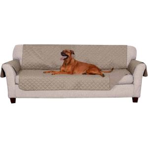 Furhaven Water-Resistant & Reversible Large Sofa/Couch Cover Protector for Dogs, Cats, & Children – Quilted Polka Paw Living Room Furniture Cover – Biscuit Brown, Large Sofa