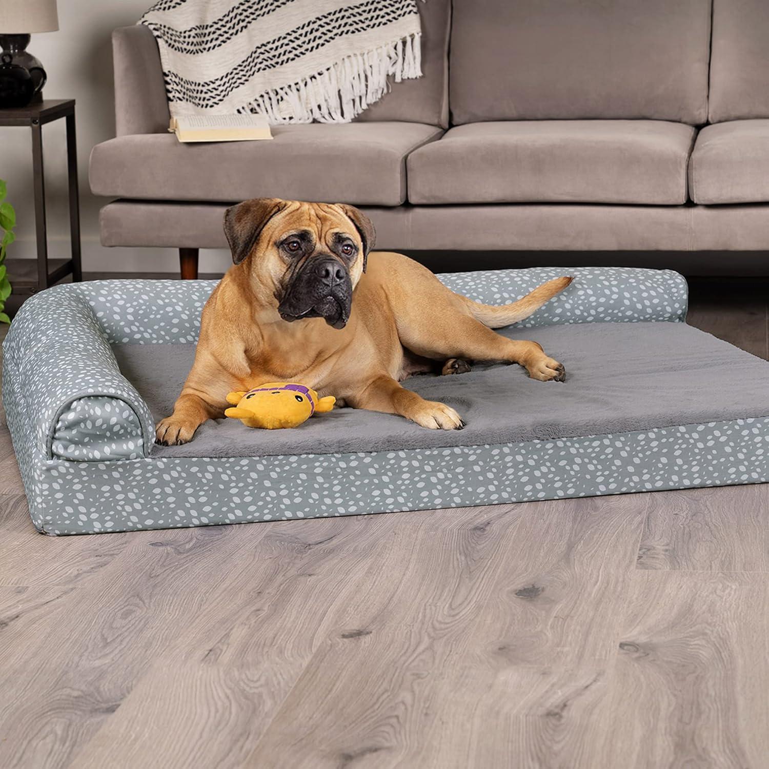 imageFurhaven Memory Foam Dog Bed for Large Dogs w Removable Bolsters ampamp Washable Cover For Dogs Up to 125 lbs Plush ampamp Almond Print L Shaped Chaise Gray Almonds Jumbo PlusXXLGray Almonds