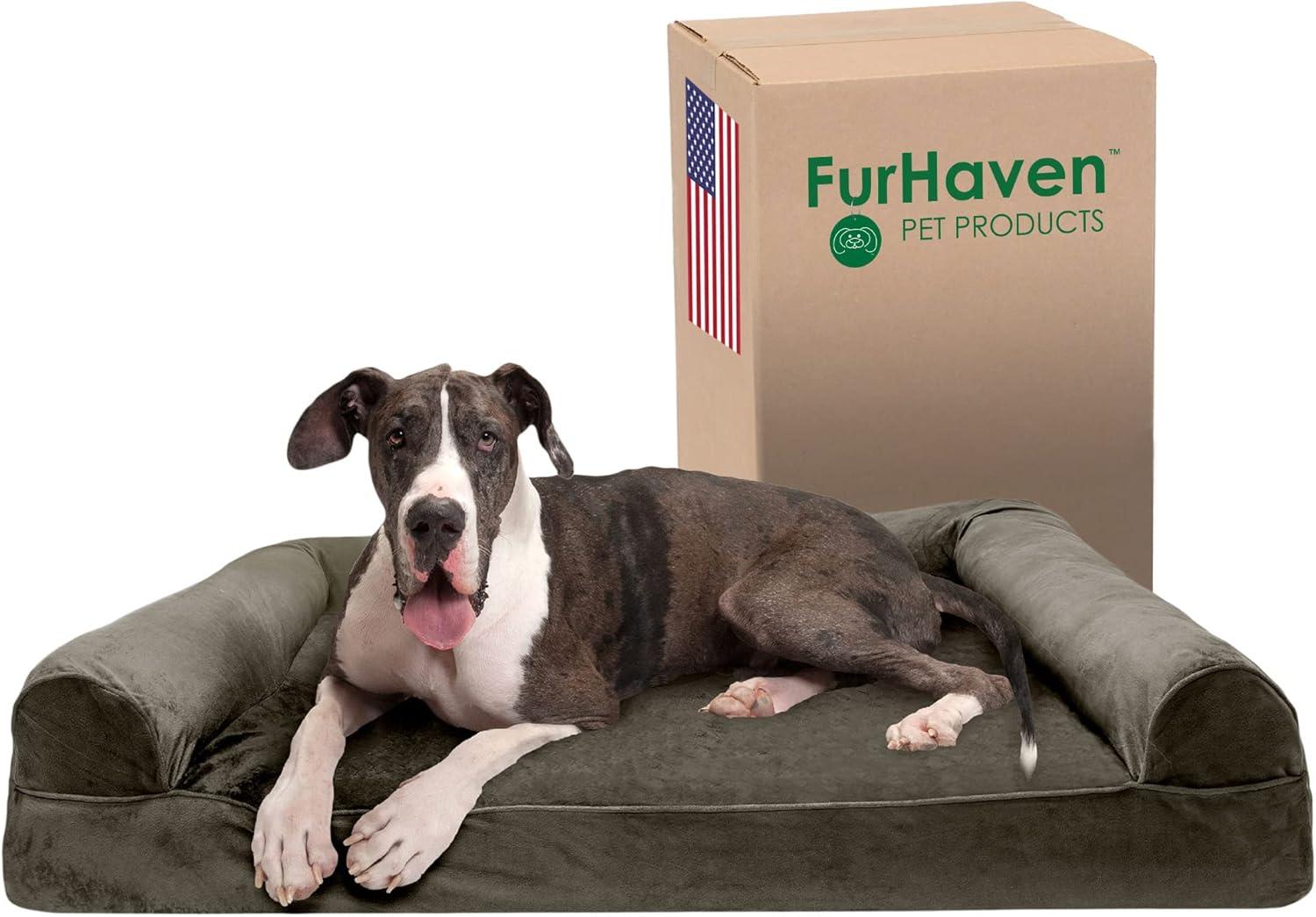 imageFurhaven Memory Foam Dog Bed for Large Dogs w Removable Bolsters ampamp Washable Cover For Dogs Up to 125 lbs Plush ampamp Suede Sofa Gray Jumbo PlusXXLFaux Fur Velvet Dark Sage