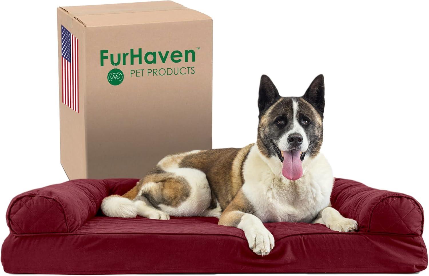 imageFurhaven Memory Foam Dog Bed for Large Dogs w Removable Bolsters ampamp Washable Cover For Dogs Up to 125 lbs Plush ampamp Suede Sofa Gray Jumbo PlusXXLWine Red Quilted Sofa