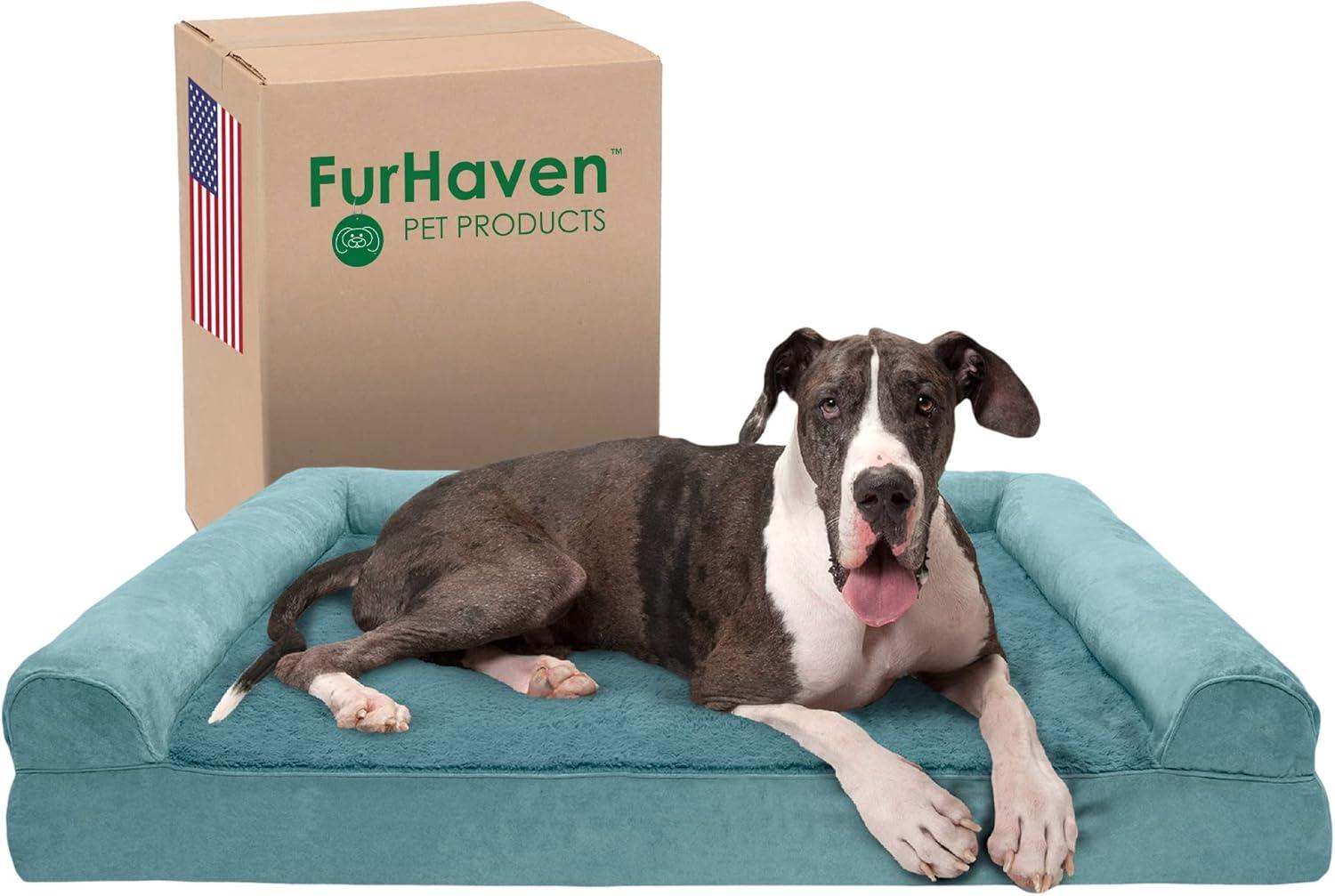 imageFurhaven Memory Foam Dog Bed for Large Dogs w Removable Bolsters ampamp Washable Cover For Dogs Up to 125 lbs Plush ampamp Suede Sofa Gray Jumbo PlusXXLPlush Suede Deep Pool