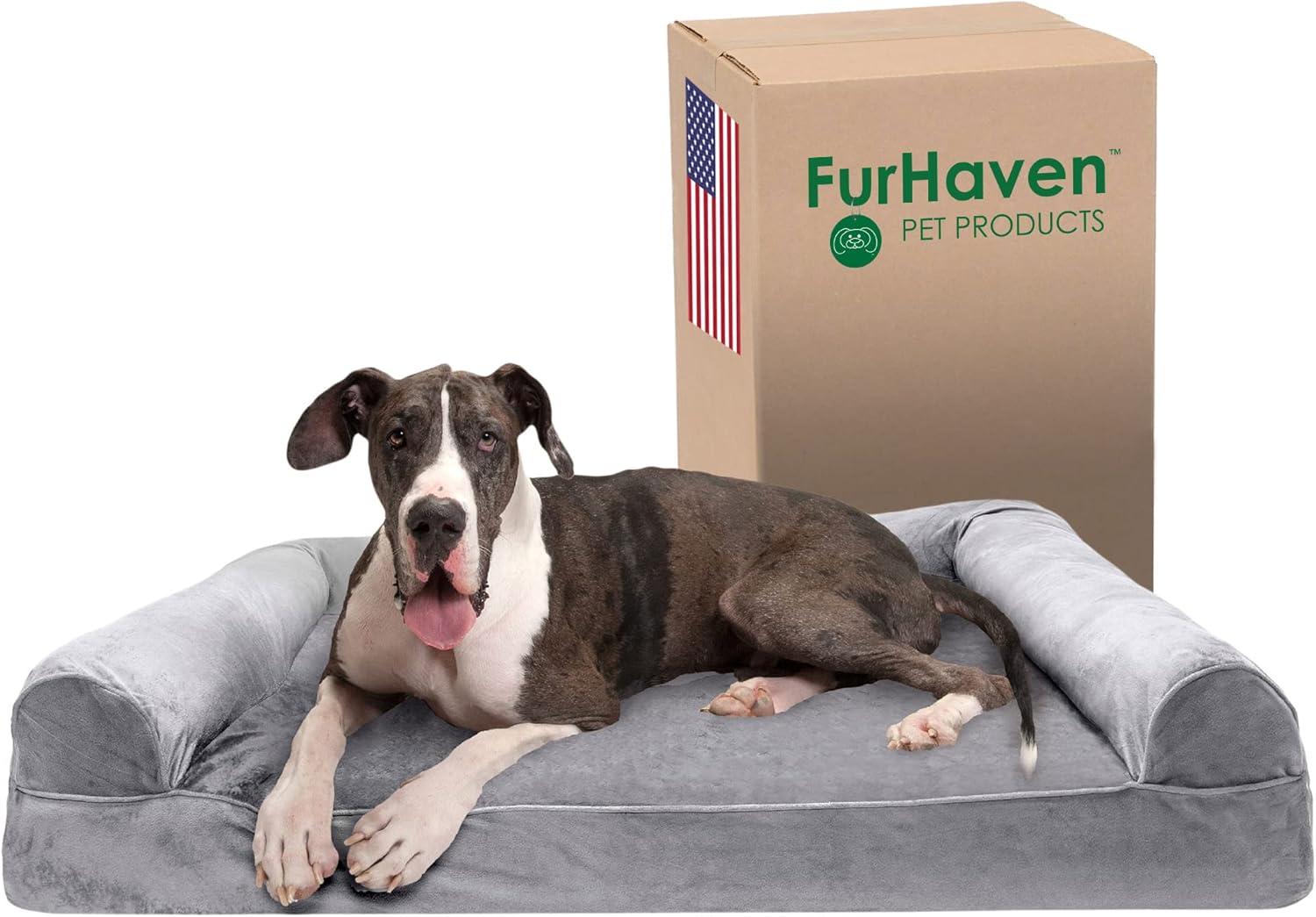 imageFurhaven Memory Foam Dog Bed for Large Dogs w Removable Bolsters ampamp Washable Cover For Dogs Up to 125 lbs Plush ampamp Suede Sofa Gray Jumbo PlusXXLFaux Fur Velvet Smoke Gray