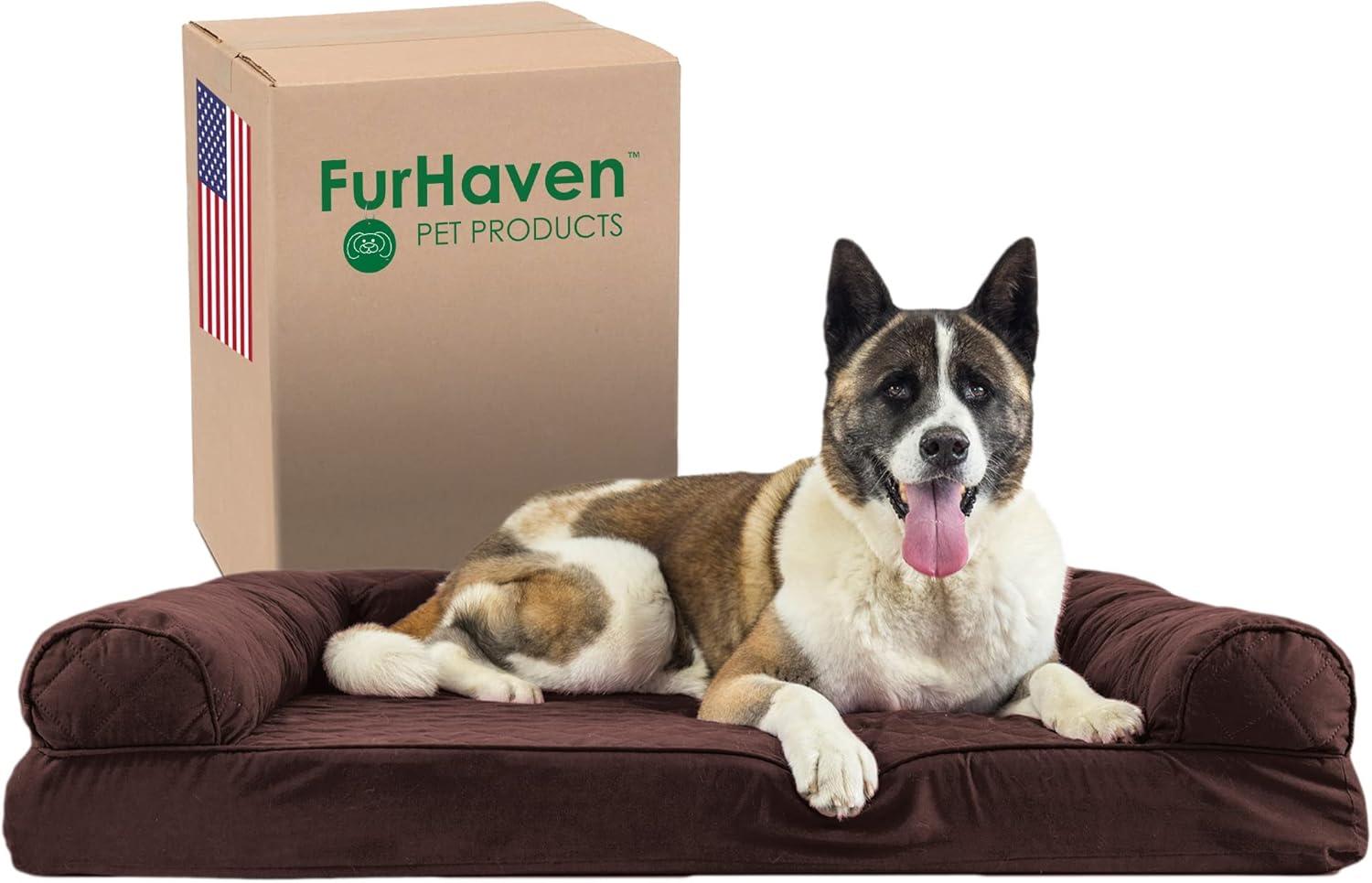 imageFurhaven Memory Foam Dog Bed for Large Dogs w Removable Bolsters ampamp Washable Cover For Dogs Up to 125 lbs Plush ampamp Suede Sofa Gray Jumbo PlusXXLQuilted Coffee