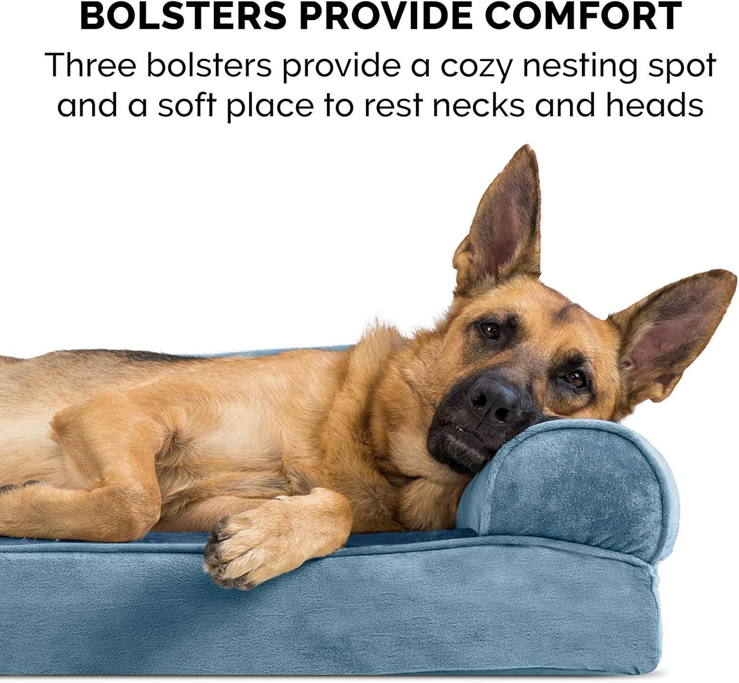 imageFurhaven Memory Foam Dog Bed for Large Dogs w Removable Bolsters ampamp Washable Cover For Dogs Up to 125 lbs Plush ampamp Suede Sofa Gray Jumbo PlusXXLFaux Fur Velvet Harbor Blue