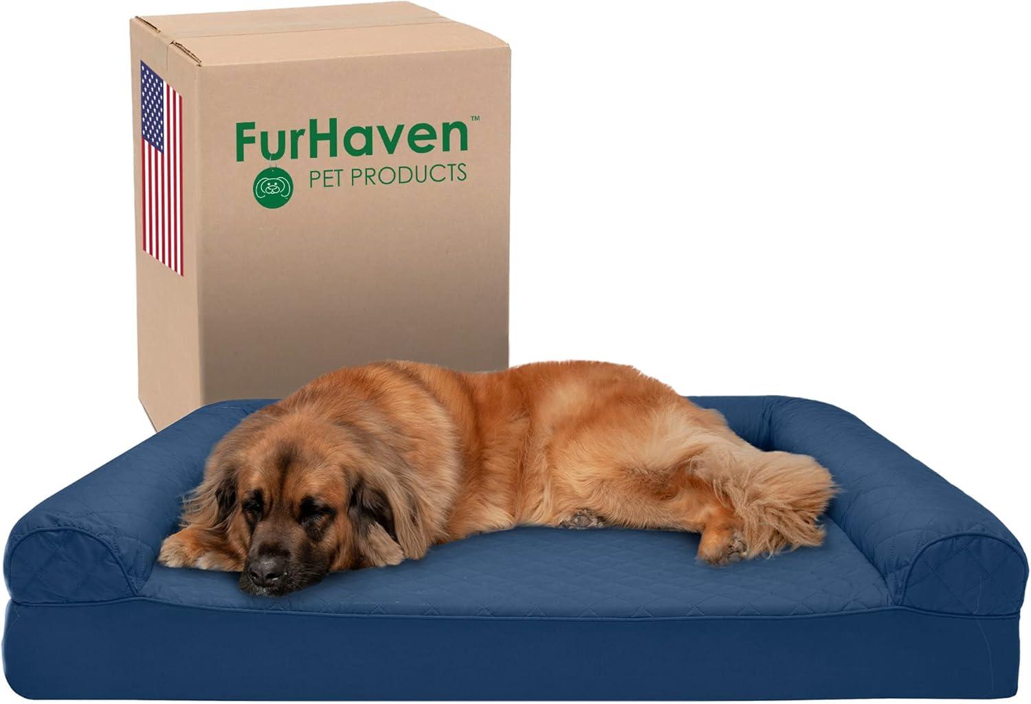 imageFurhaven Memory Foam Dog Bed for Large Dogs w Removable Bolsters ampamp Washable Cover For Dogs Up to 125 lbs Plush ampamp Suede Sofa Gray Jumbo PlusXXLQuilted Navy