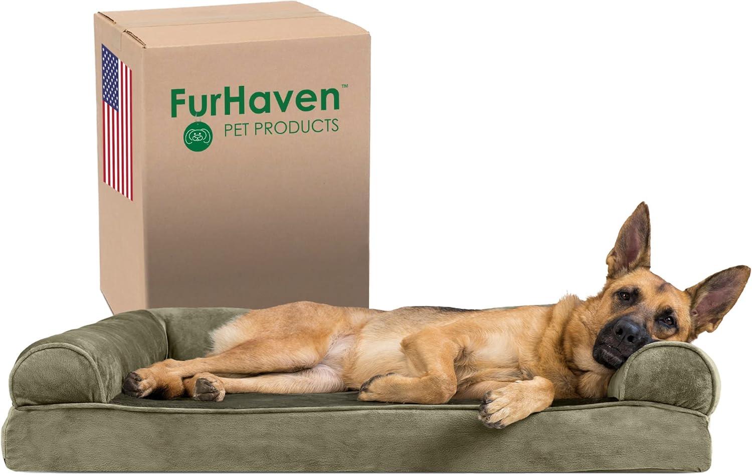 imageFurhaven Memory Foam Dog Bed for Large Dogs w Removable Bolsters ampamp Washable Cover For Dogs Up to 125 lbs Plush ampamp Suede Sofa Gray Jumbo PlusXXLFaux Fur Velvet Dark Sage