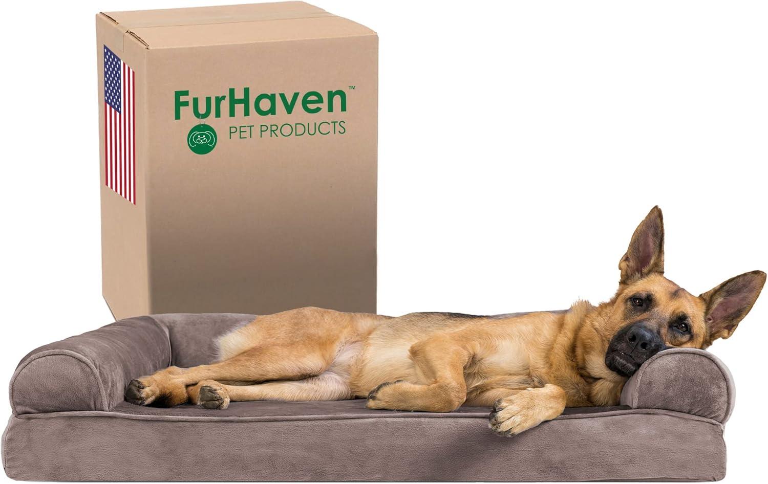 imageFurhaven Memory Foam Dog Bed for Large Dogs w Removable Bolsters ampamp Washable Cover For Dogs Up to 125 lbs Plush ampamp Suede Sofa Gray Jumbo PlusXXLFaux Fur Velvet Driftwood Brown