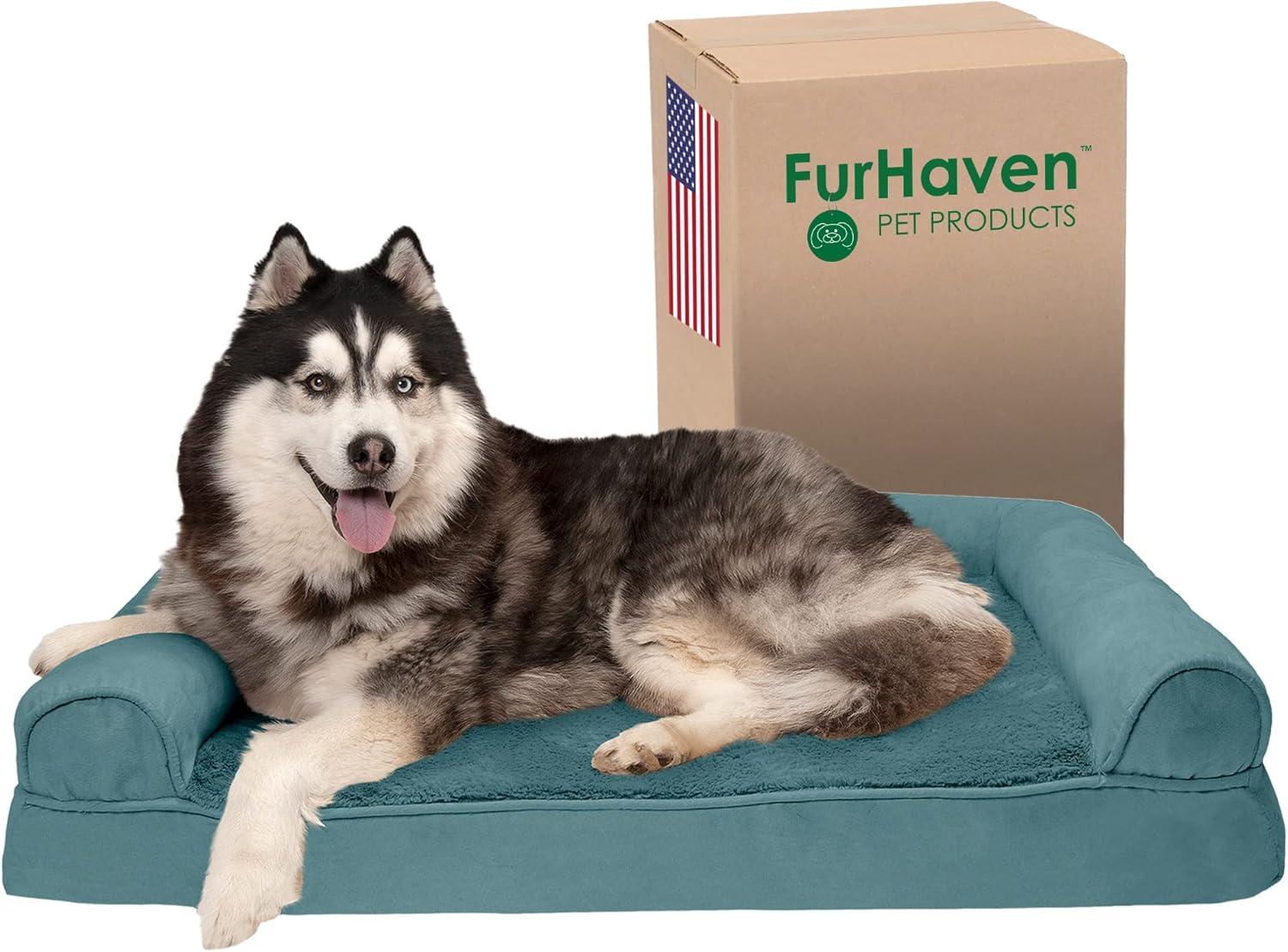 imageFurhaven Memory Foam Dog Bed for Large Dogs w Removable Bolsters ampamp Washable Cover For Dogs Up to 125 lbs Plush ampamp Suede Sofa Gray Jumbo PlusXXLPlush Suede Deep Pool