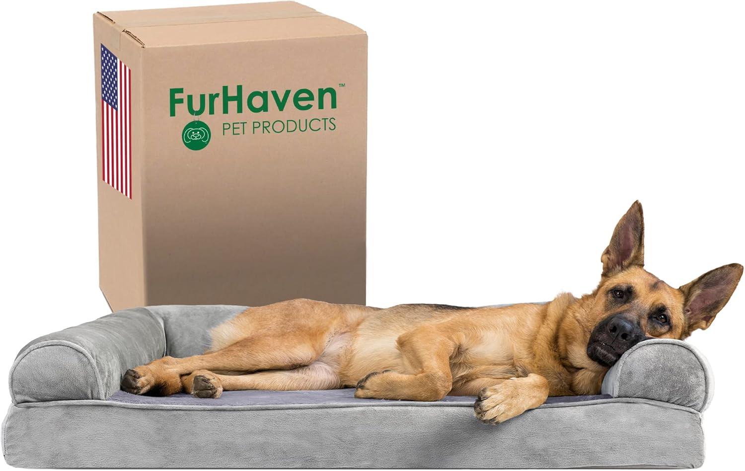 imageFurhaven Memory Foam Dog Bed for Large Dogs w Removable Bolsters ampamp Washable Cover For Dogs Up to 125 lbs Plush ampamp Suede Sofa Gray Jumbo PlusXXLFaux Fur Velvet Smoke Gray