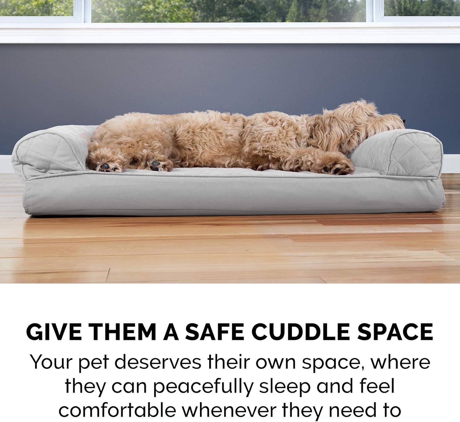 imageFurhaven Memory Foam Dog Bed for Large Dogs w Removable Bolsters ampamp Washable Cover For Dogs Up to 125 lbs Plush ampamp Suede Sofa Gray Jumbo PlusXXLSilver Gray Quilted Sofa