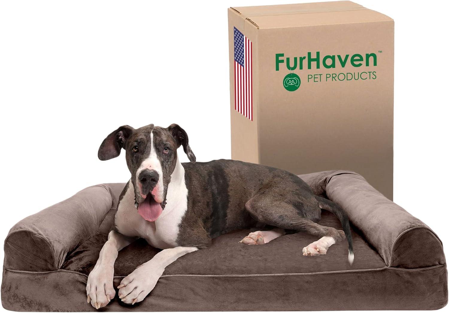 imageFurhaven Memory Foam Dog Bed for Large Dogs w Removable Bolsters ampamp Washable Cover For Dogs Up to 125 lbs Plush ampamp Suede Sofa Gray Jumbo PlusXXLFaux Fur Velvet Driftwood Brown