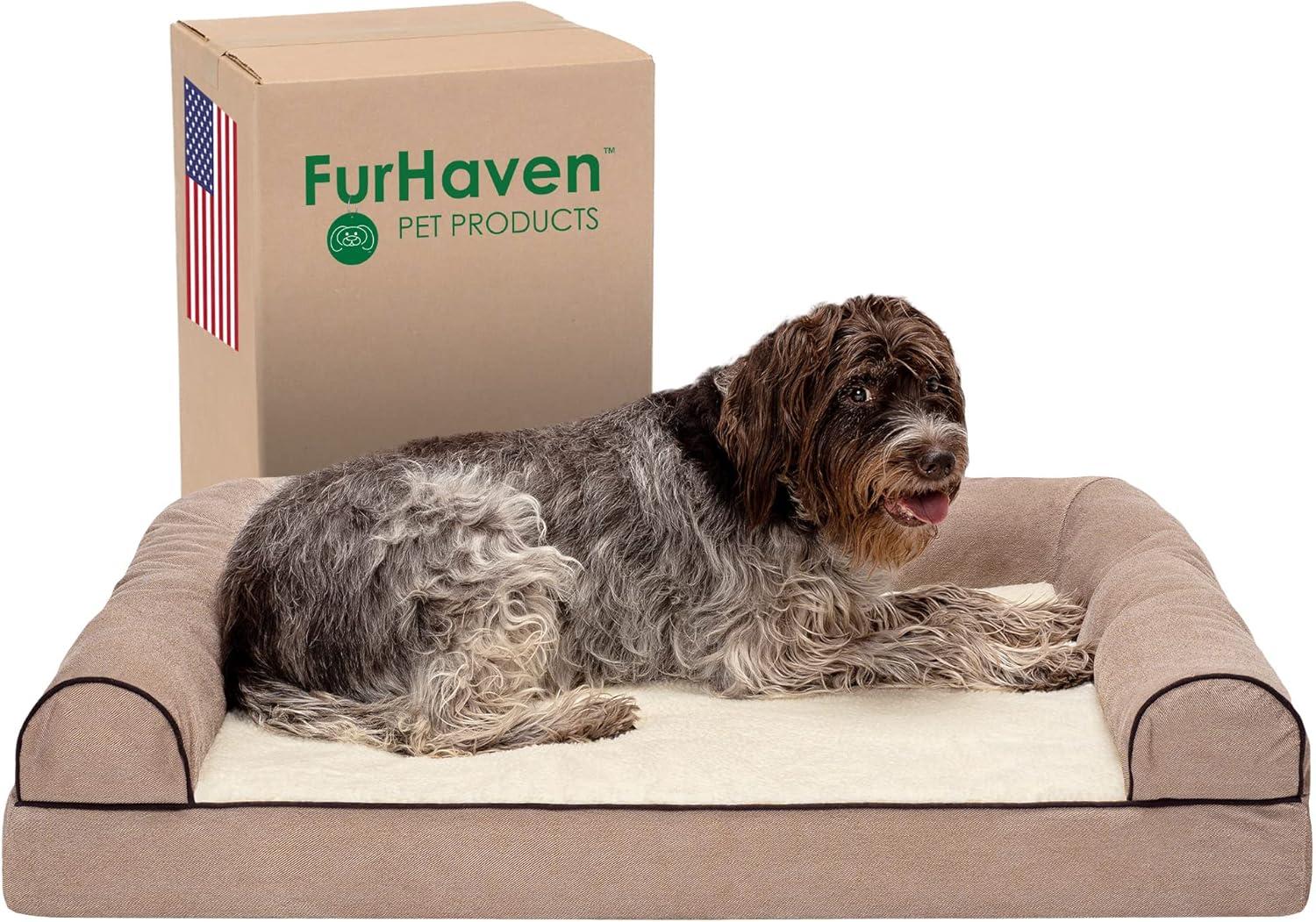 imageFurhaven Memory Foam Dog Bed for Large Dogs w Removable Bolsters ampamp Washable Cover For Dogs Up to 95 lbs Sherpa ampamp Chenille Sofa Orion Blue JumboXLSherpa Chenille Cream