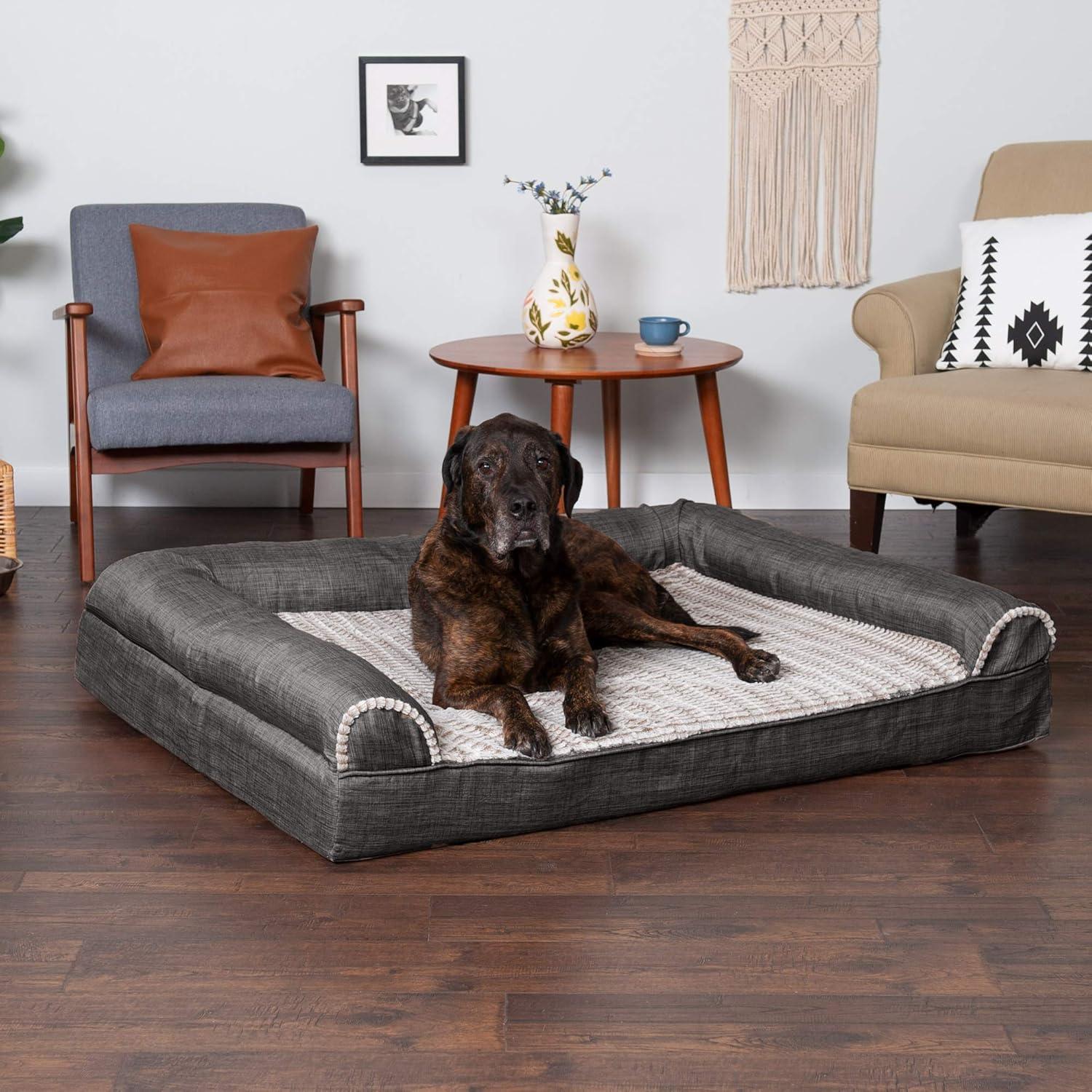 imageFurhaven Memory Foam Dog Bed for Large Dogs w Removable Bolsters ampamp Washable Cover For Dogs Up to 95 lbs Sherpa ampamp Chenille Sofa Orion Blue JumboXLLuxe Faux Fur Linen Charcoal
