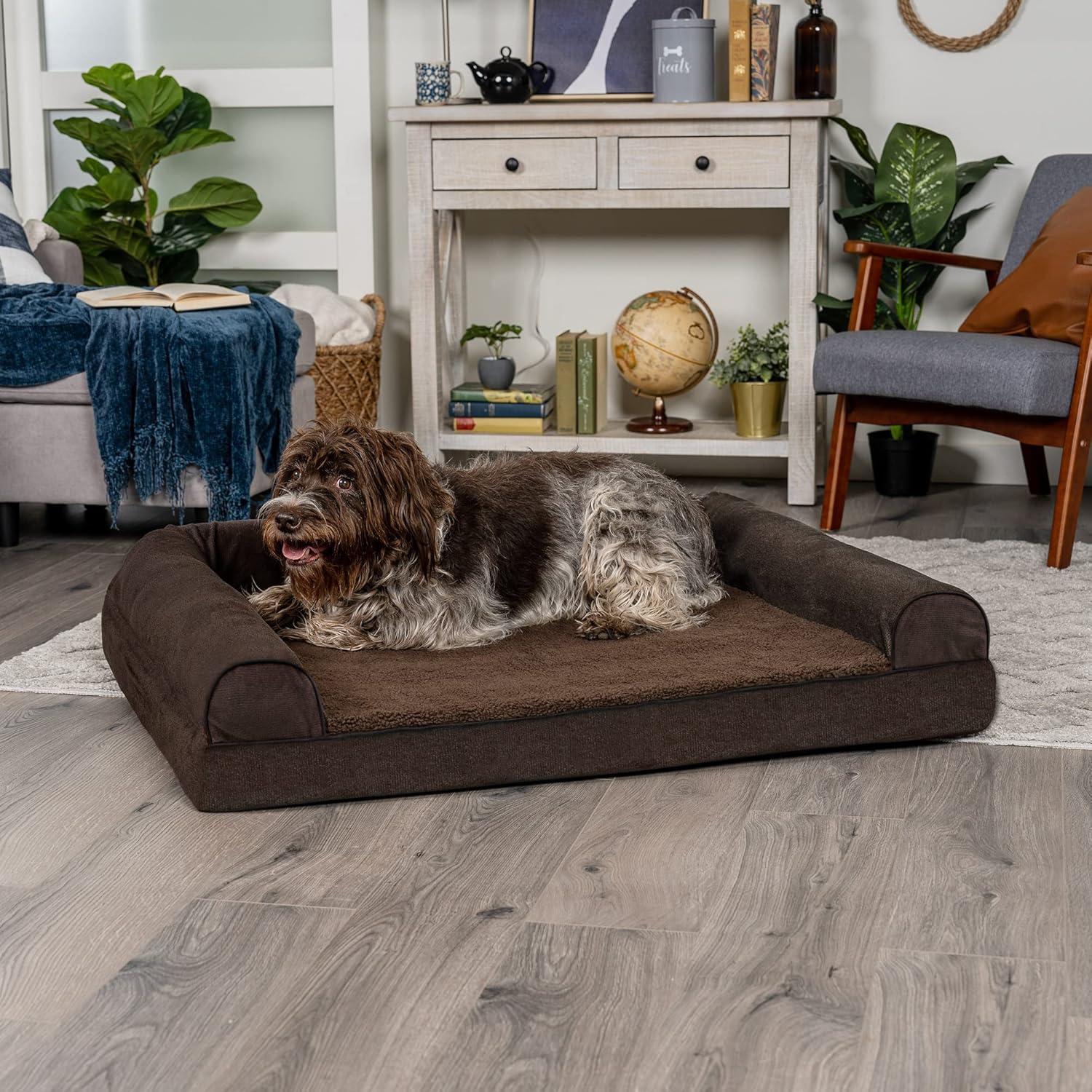 imageFurhaven Memory Foam Dog Bed for Large Dogs w Removable Bolsters ampamp Washable Cover For Dogs Up to 95 lbs Sherpa ampamp Chenille Sofa Orion Blue JumboXLSherpa Chenille Coffee