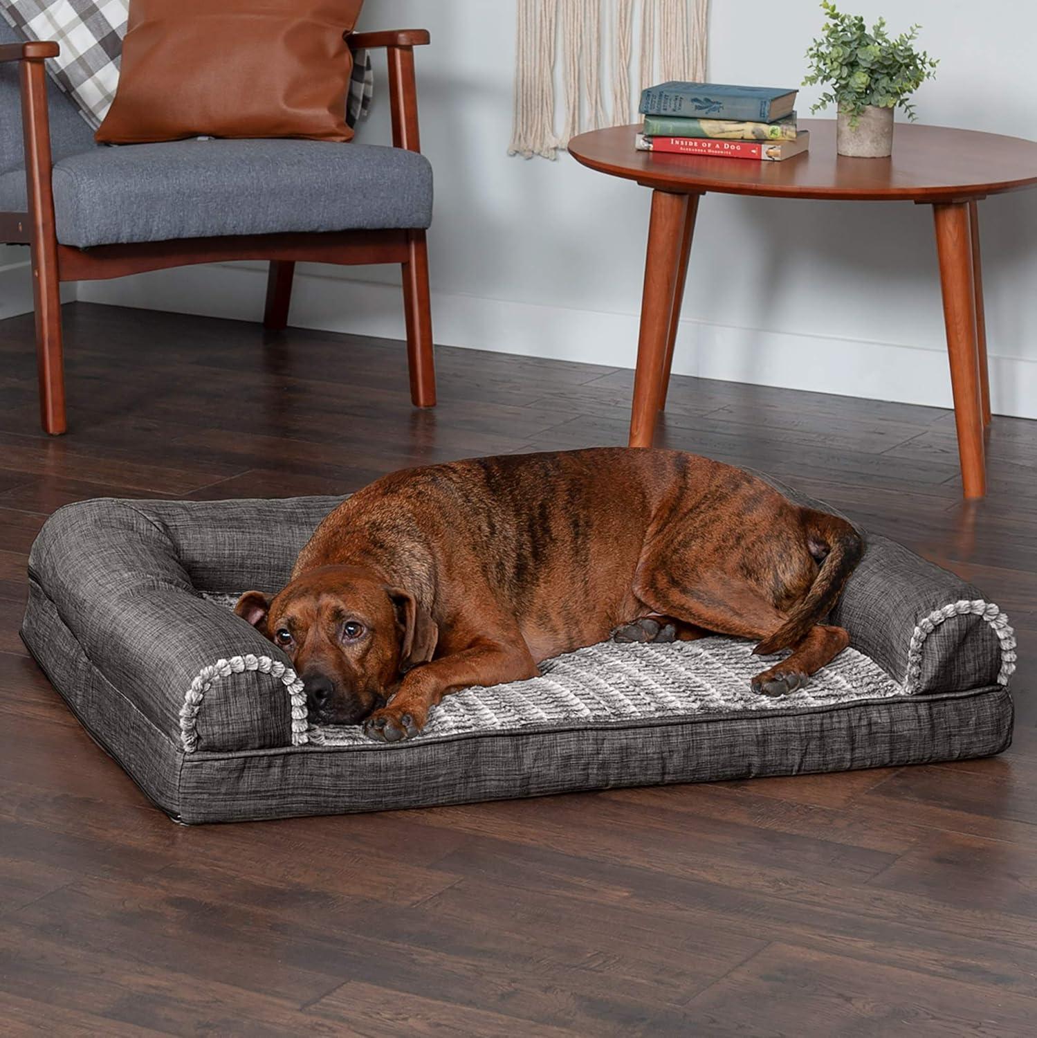 imageFurhaven Memory Foam Dog Bed for Large Dogs w Removable Bolsters ampamp Washable Cover For Dogs Up to 95 lbs Sherpa ampamp Chenille Sofa Orion Blue JumboXLLuxe Faux Fur Linen Charcoal
