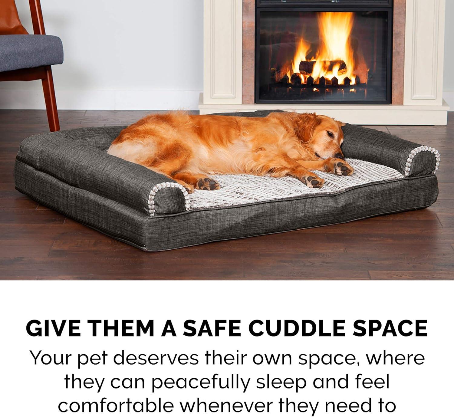 imageFurhaven Memory Foam Dog Bed for Large Dogs w Removable Bolsters ampamp Washable Cover For Dogs Up to 95 lbs Sherpa ampamp Chenille Sofa Orion Blue JumboXLLuxe Faux Fur Linen Charcoal
