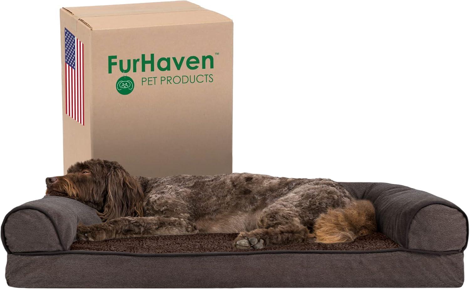 imageFurhaven Memory Foam Dog Bed for Large Dogs w Removable Bolsters ampamp Washable Cover For Dogs Up to 95 lbs Sherpa ampamp Chenille Sofa Orion Blue JumboXLSherpa Chenille Coffee