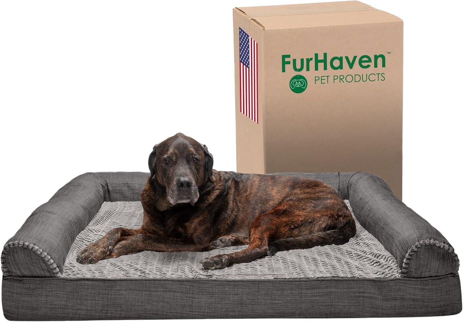imageFurhaven Memory Foam Dog Bed for Large Dogs w Removable Bolsters ampamp Washable Cover For Dogs Up to 95 lbs Sherpa ampamp Chenille Sofa Orion Blue JumboXLLuxe Faux Fur Linen Charcoal
