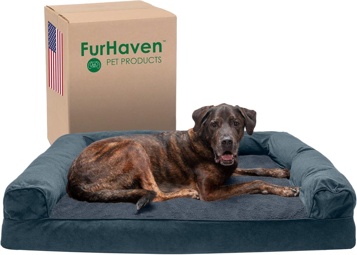 imageFurhaven Memory Foam Dog Bed for Large Dogs w Removable Bolsters ampamp Washable Cover For Dogs Up to 95 lbs Sherpa ampamp Chenille Sofa Orion Blue JumboXLSherpa Chenille Orion Blue