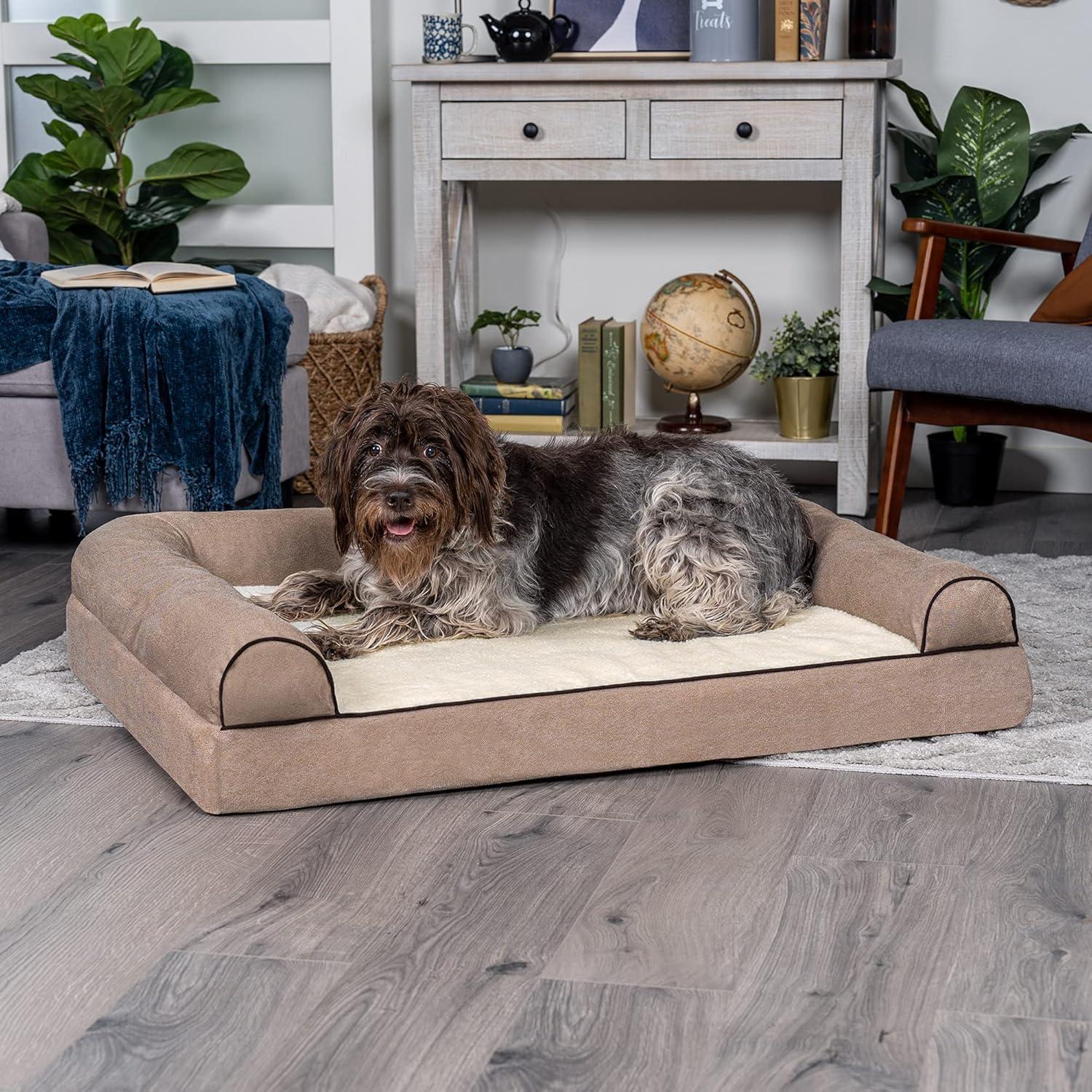 imageFurhaven Memory Foam Dog Bed for Large Dogs w Removable Bolsters ampamp Washable Cover For Dogs Up to 95 lbs Sherpa ampamp Chenille Sofa Orion Blue JumboXLSherpa Chenille Cream