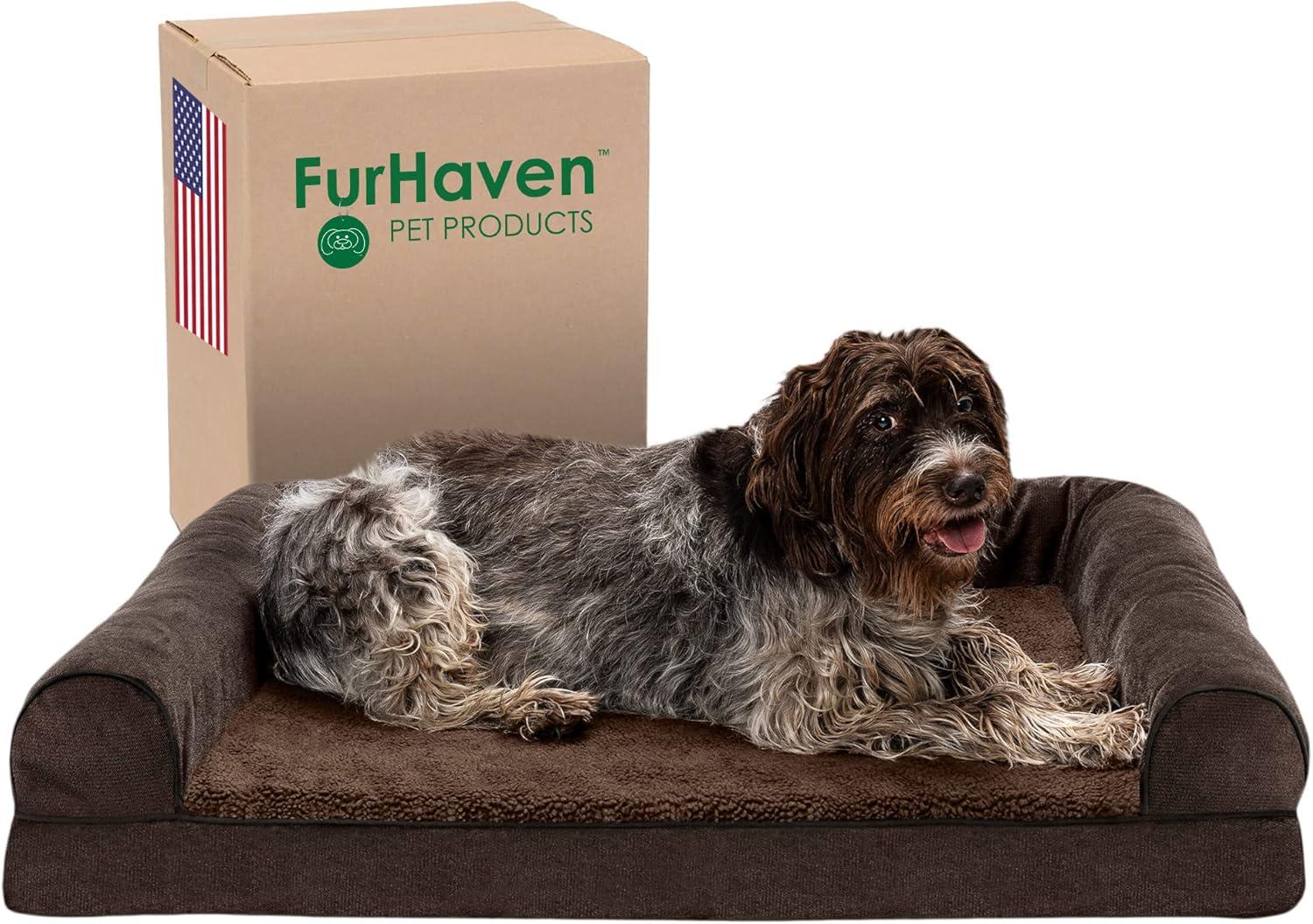 imageFurhaven Memory Foam Dog Bed for Large Dogs w Removable Bolsters ampamp Washable Cover For Dogs Up to 95 lbs Sherpa ampamp Chenille Sofa Orion Blue JumboXLSherpa Chenille Coffee