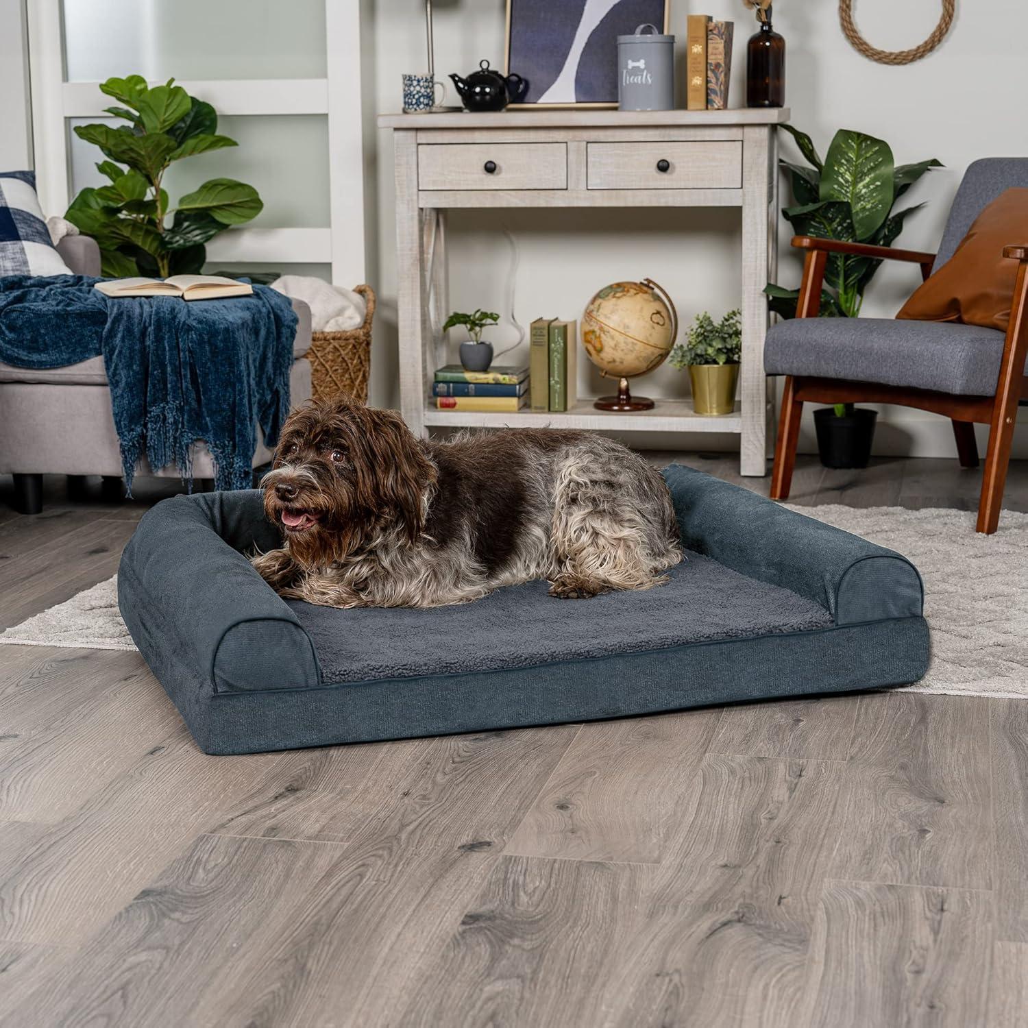 imageFurhaven Memory Foam Dog Bed for Large Dogs w Removable Bolsters ampamp Washable Cover For Dogs Up to 95 lbs Sherpa ampamp Chenille Sofa Orion Blue JumboXLSherpa Chenille Orion Blue