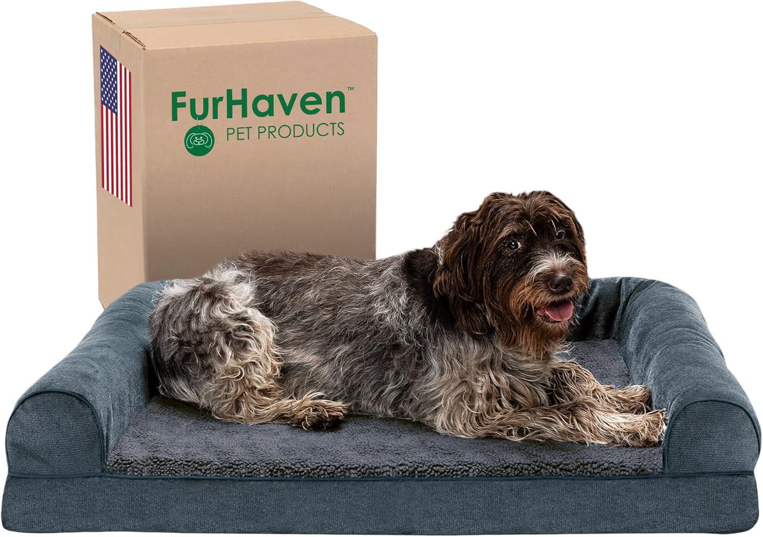 imageFurhaven Memory Foam Dog Bed for Large Dogs w Removable Bolsters ampamp Washable Cover For Dogs Up to 95 lbs Sherpa ampamp Chenille Sofa Orion Blue JumboXLSherpa Chenille Orion Blue