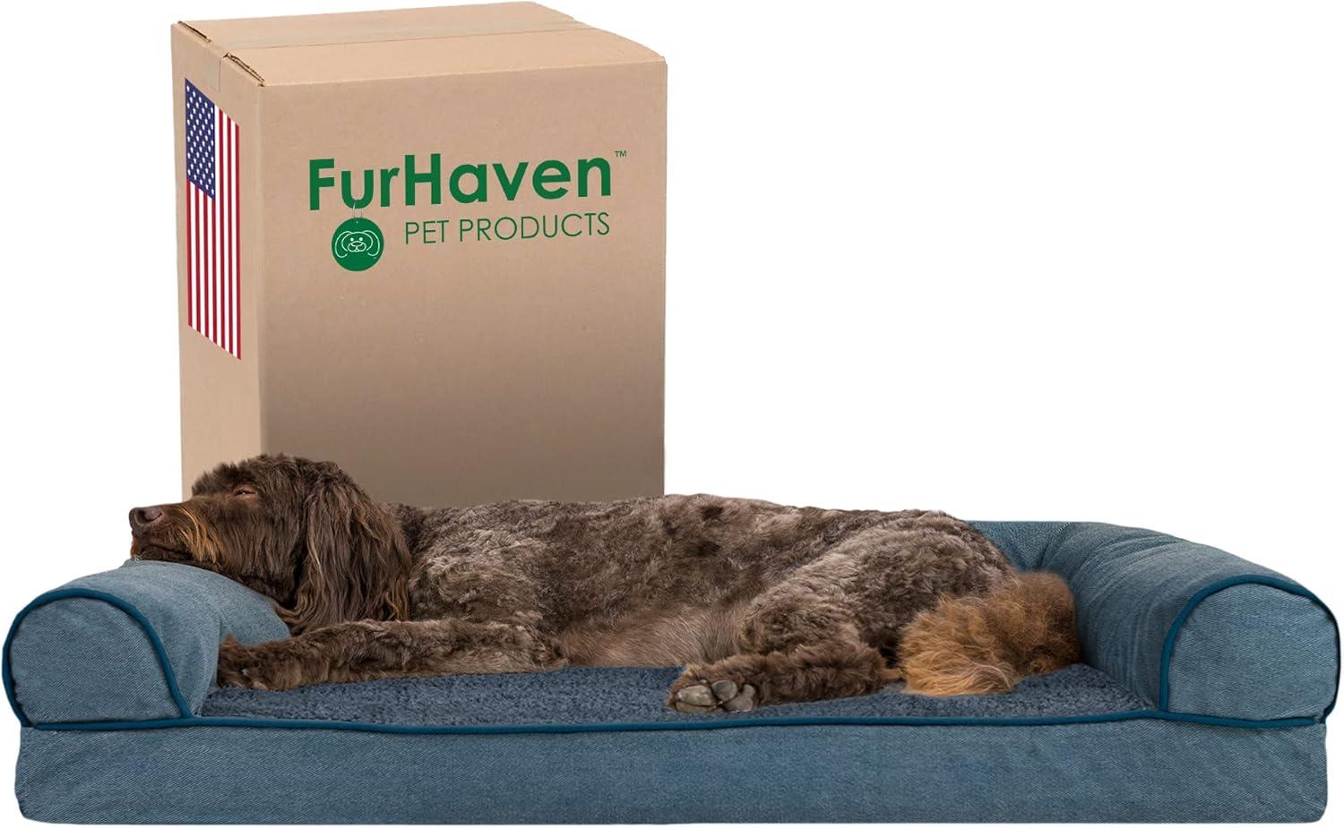 imageFurhaven Memory Foam Dog Bed for Large Dogs w Removable Bolsters ampamp Washable Cover For Dogs Up to 95 lbs Sherpa ampamp Chenille Sofa Orion Blue JumboXLSherpa Chenille Orion Blue