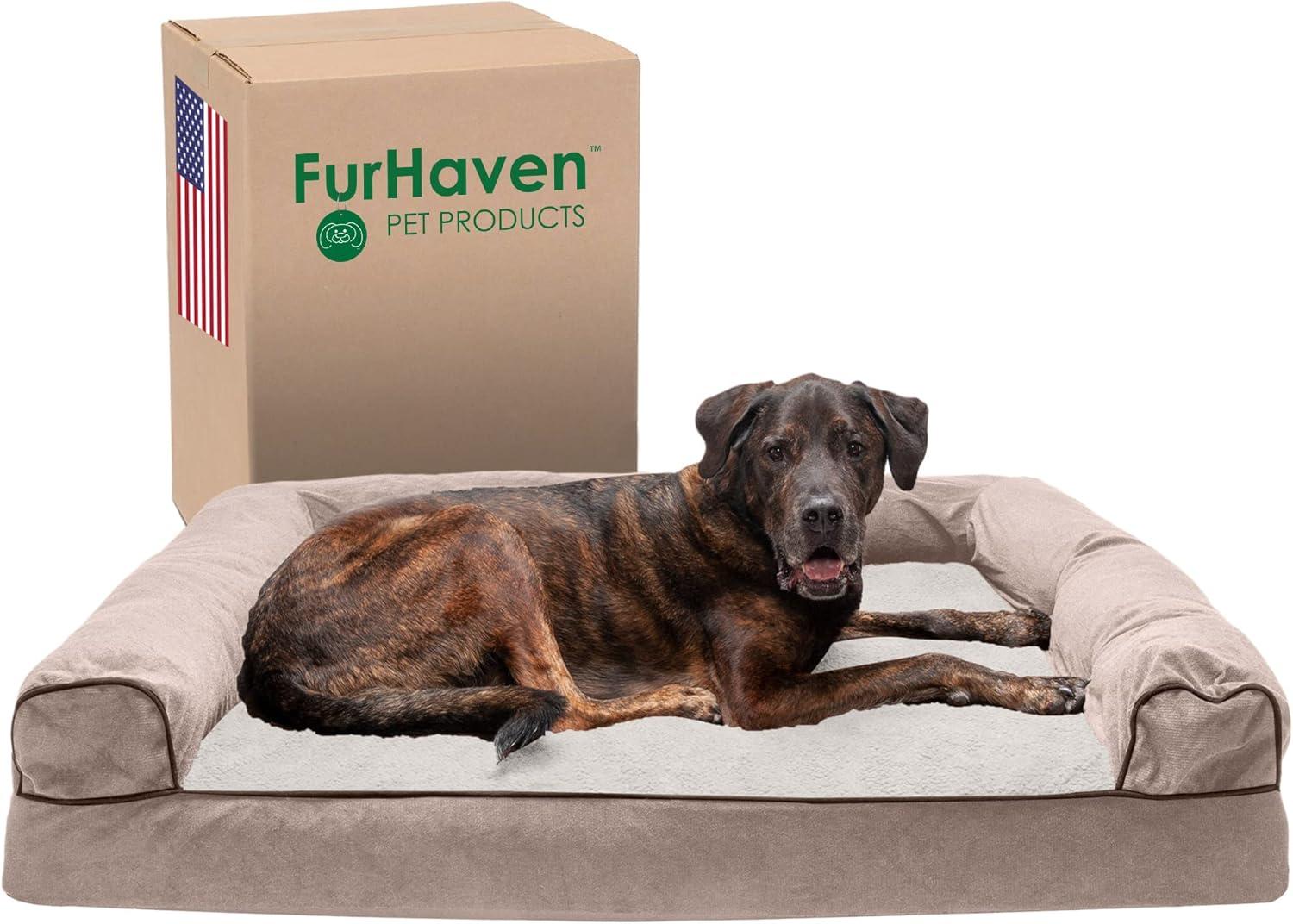 imageFurhaven Memory Foam Dog Bed for Large Dogs w Removable Bolsters ampamp Washable Cover For Dogs Up to 95 lbs Sherpa ampamp Chenille Sofa Orion Blue JumboXLSherpa Chenille Cream