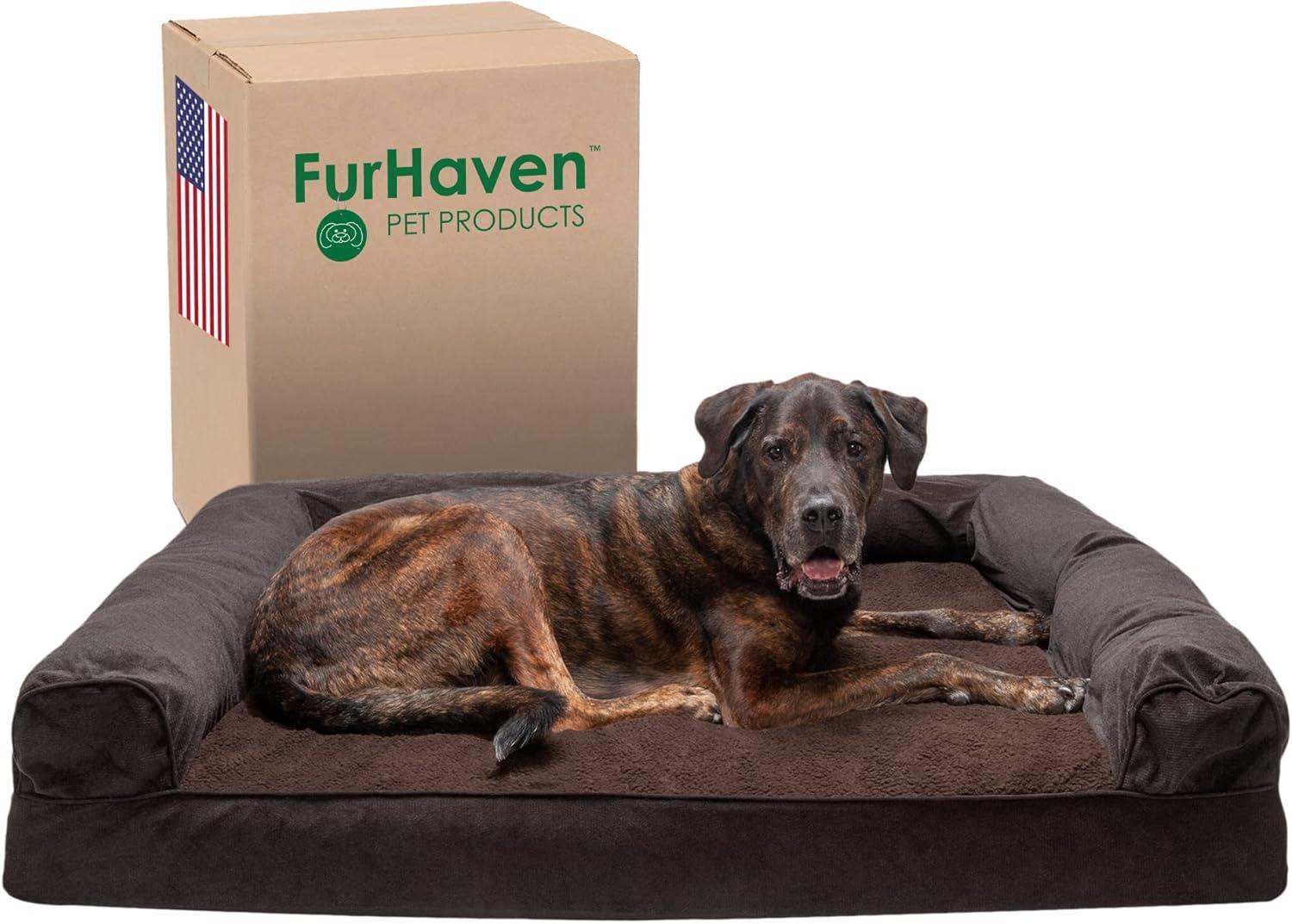 imageFurhaven Memory Foam Dog Bed for Large Dogs w Removable Bolsters ampamp Washable Cover For Dogs Up to 95 lbs Sherpa ampamp Chenille Sofa Orion Blue JumboXLSherpa Chenille Coffee
