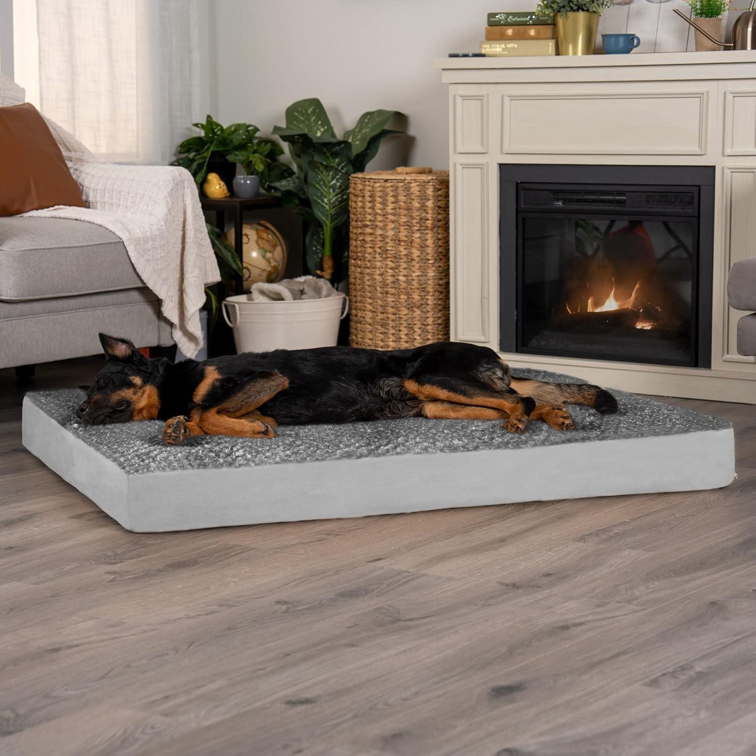 imageFurhaven Memory Foam Dog Bed for Large Dogs w Removable Washable Cover For Dogs Up to 125 lbs Ultra Plush Faux Fur ampamp Suede Mattress Gray Jumbo PlusXXLUltra Plush Curly Faux Fur Gray