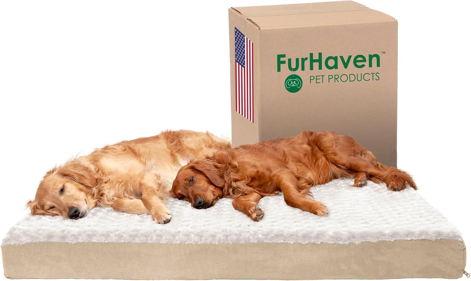 imageFurhaven Memory Foam Dog Bed for Large Dogs w Removable Washable Cover For Dogs Up to 125 lbs Ultra Plush Faux Fur ampamp Suede Mattress Gray Jumbo PlusXXLUltra Plush Curly Faux Fur Cream