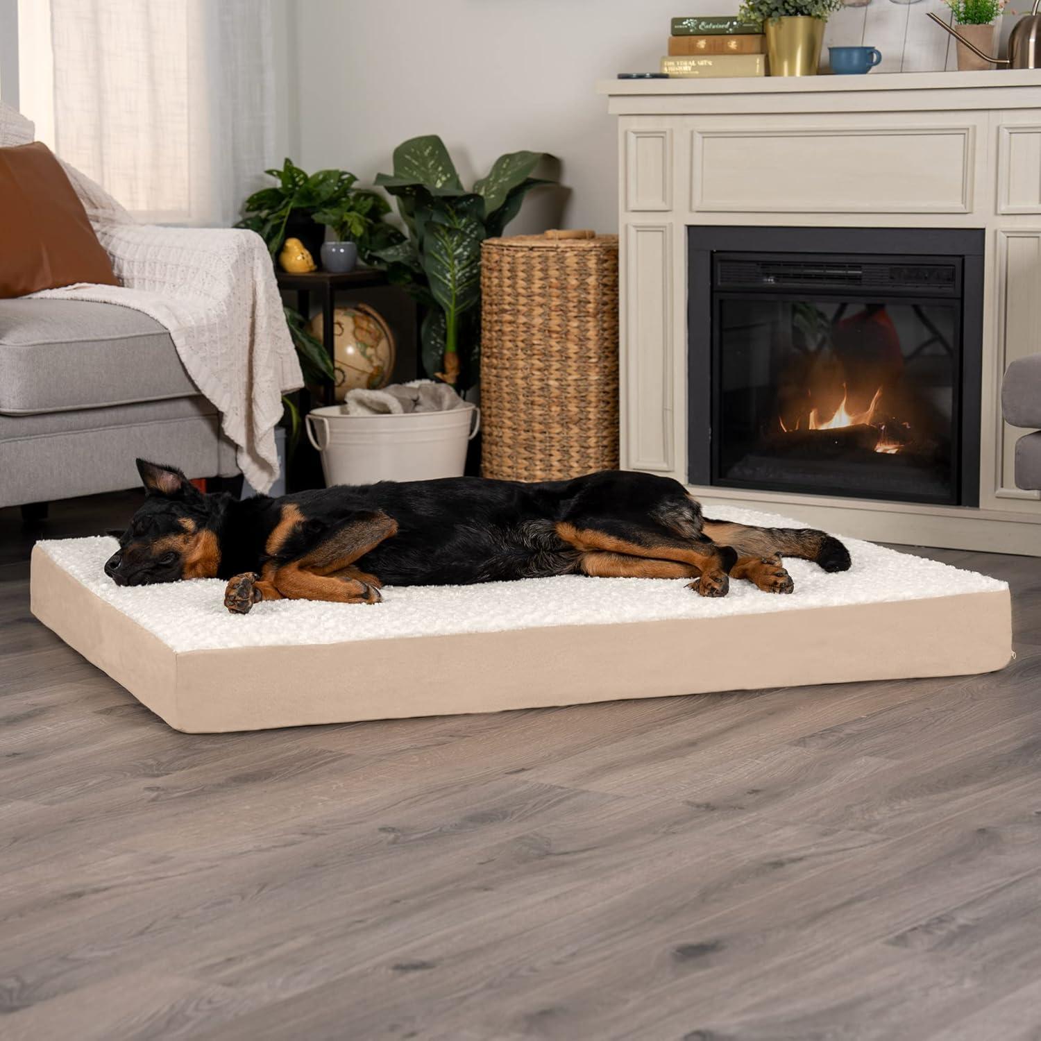 imageFurhaven Memory Foam Dog Bed for Large Dogs w Removable Washable Cover For Dogs Up to 125 lbs Ultra Plush Faux Fur ampamp Suede Mattress Gray Jumbo PlusXXLUltra Plush Curly Faux Fur Cream