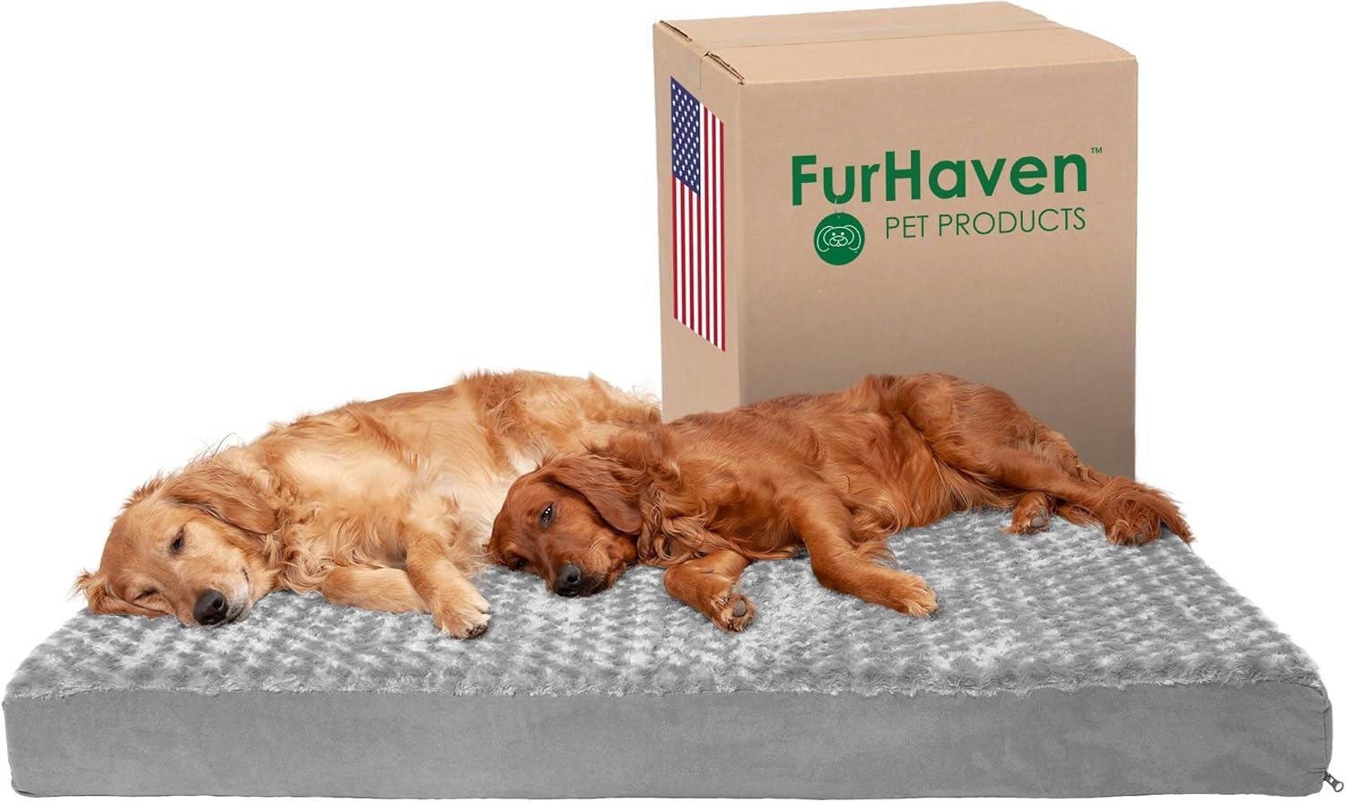 imageFurhaven Memory Foam Dog Bed for Large Dogs w Removable Washable Cover For Dogs Up to 125 lbs Ultra Plush Faux Fur ampamp Suede Mattress Gray Jumbo PlusXXLUltra Plush Curly Faux Fur Gray