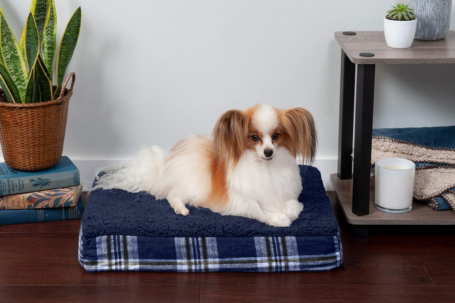 imageFurhaven Memory Foam Dog Bed for Large Dogs w Removable Washable Cover For Dogs Up to 95 lbs Ultra Plush Faux Fur ampamp Suede Mattress Chocolate JumboXLSherpa Plaid Flannel Midnight Blue