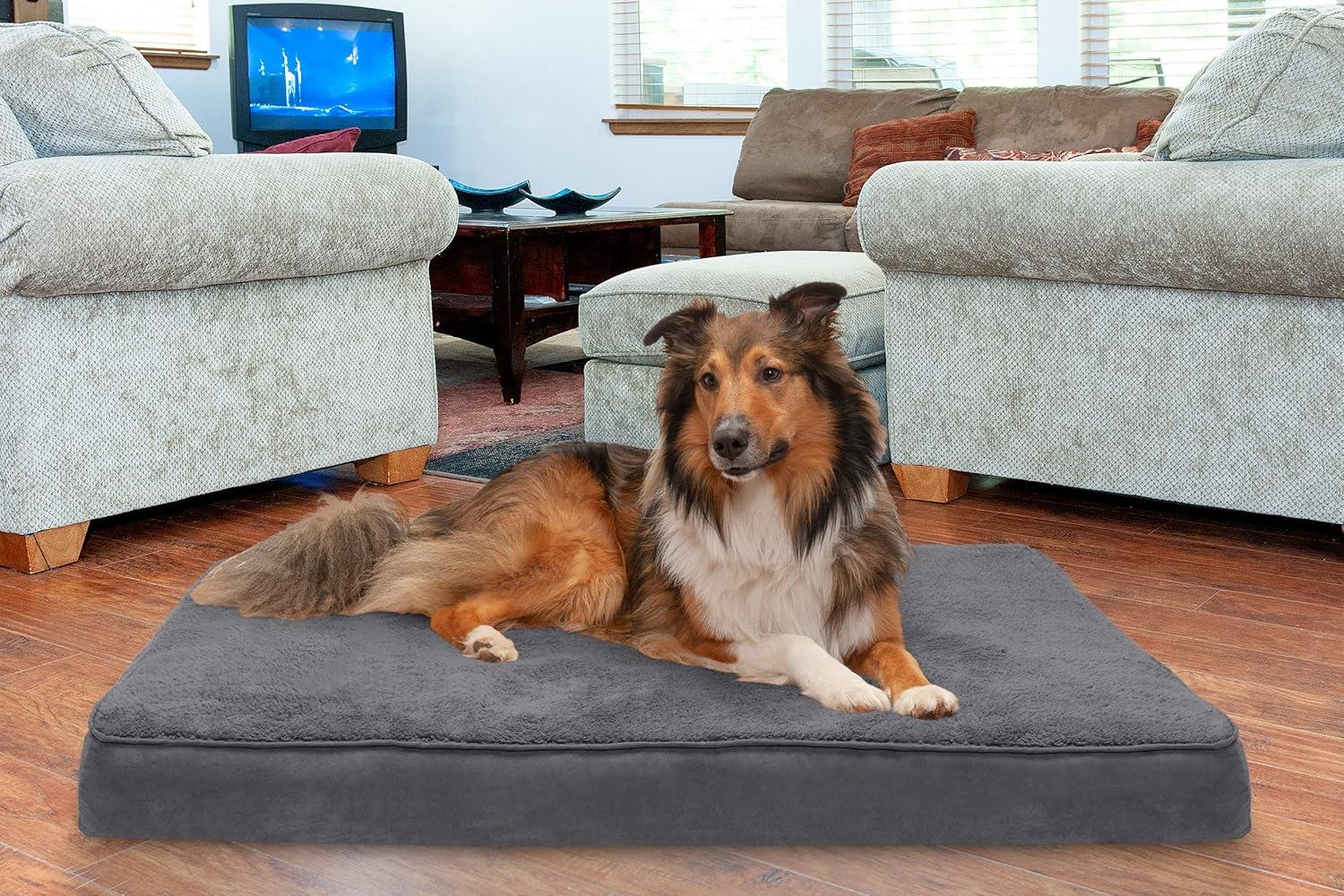 imageFurhaven Memory Foam Dog Bed for Large Dogs w Removable Washable Cover For Dogs Up to 95 lbs Ultra Plush Faux Fur ampamp Suede Mattress Chocolate JumboXLTerry Suede Gray